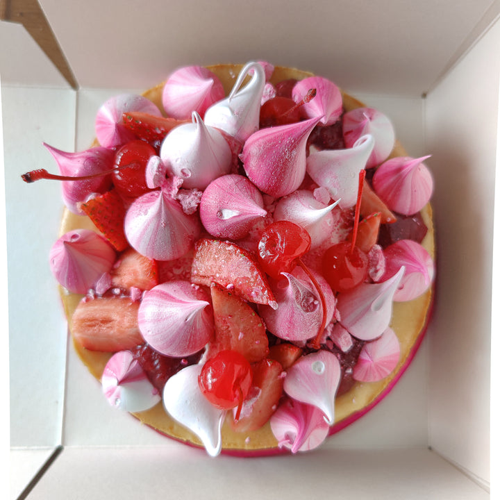 Eton Mess Cheesecake with strawberries, whipped cream, meringue kisses , crispy base, strawberry compote, smooth vanilla cheesecake filing ,