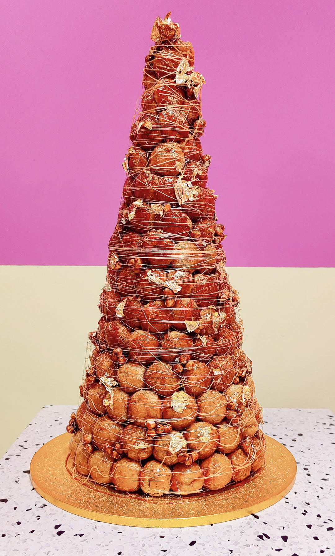 Hazelnut croquembouche with edible 24ct gold leaf