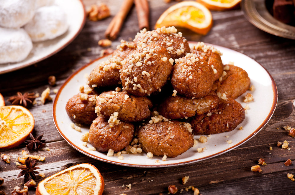 Melomakarona with walnuts in a festive Christmas setting