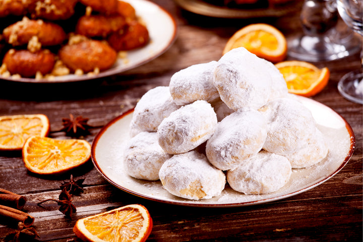 Kourabiedes, traditional Greek Christmas biscuits with al monds and icing sugar